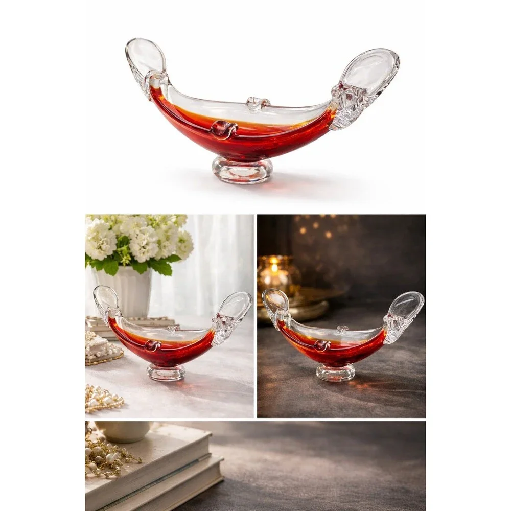 Centro de mesa decorativo de cristal artesanal rojo y transparente – Estilo Mura